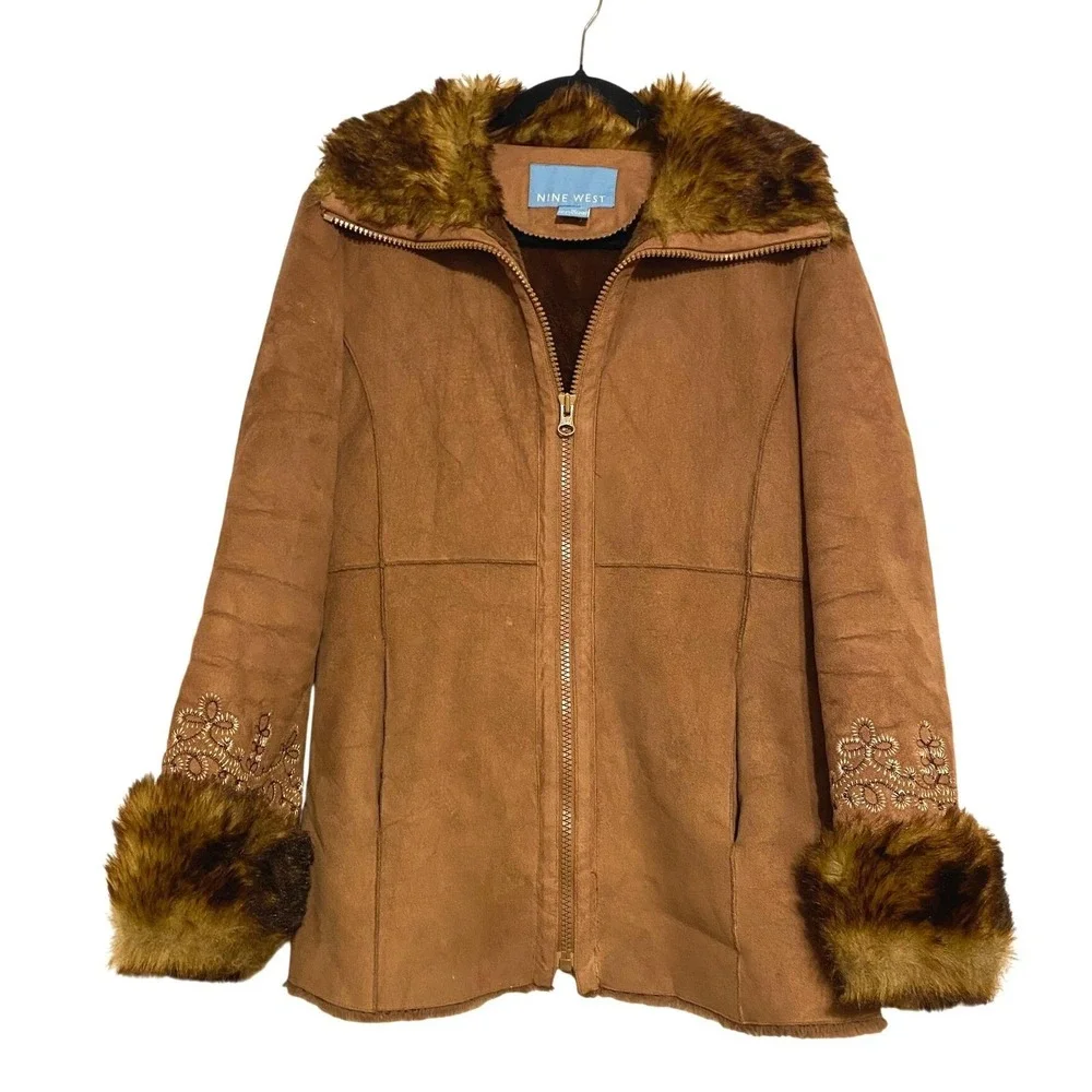 Vintage Penny Lane Suede Fur Trim Brown Coat Medium Boho Y2K 1990's Winter Cabin